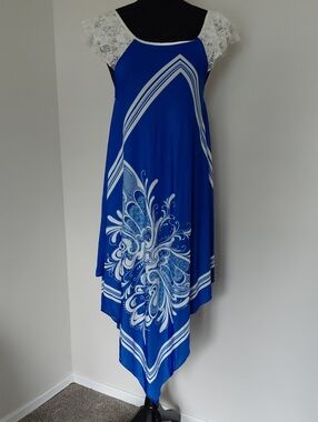 Julia Silk Blend Handkerchief Hem Midi Dress Blue White Mandala Boho L/xl NWT